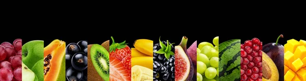 Collage of fruits isolated on black background with copy space — Stock Photo, Image