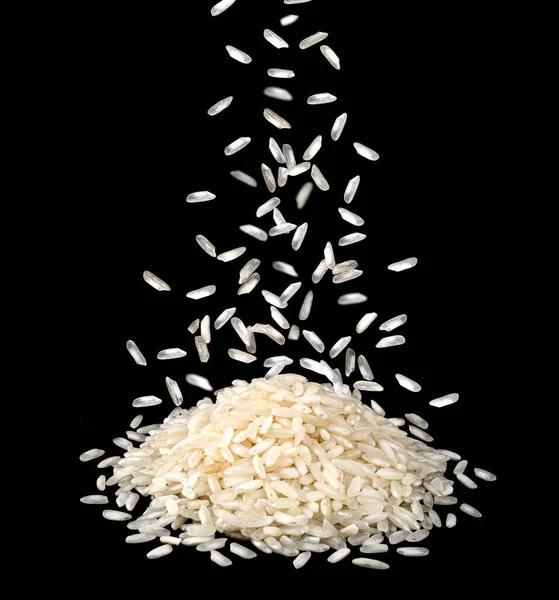Falling Dry Rice Grains Isolated Black Background Small Heap Long — Stock Photo, Image