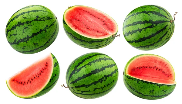 Wassermelone Isoliert Auf Weißem Hintergrund Sammlung Reifer Scheiben Geschnittener Ganzer — Stockfoto