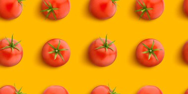 Sarı arka planda izole domates, düz, üst görünüm