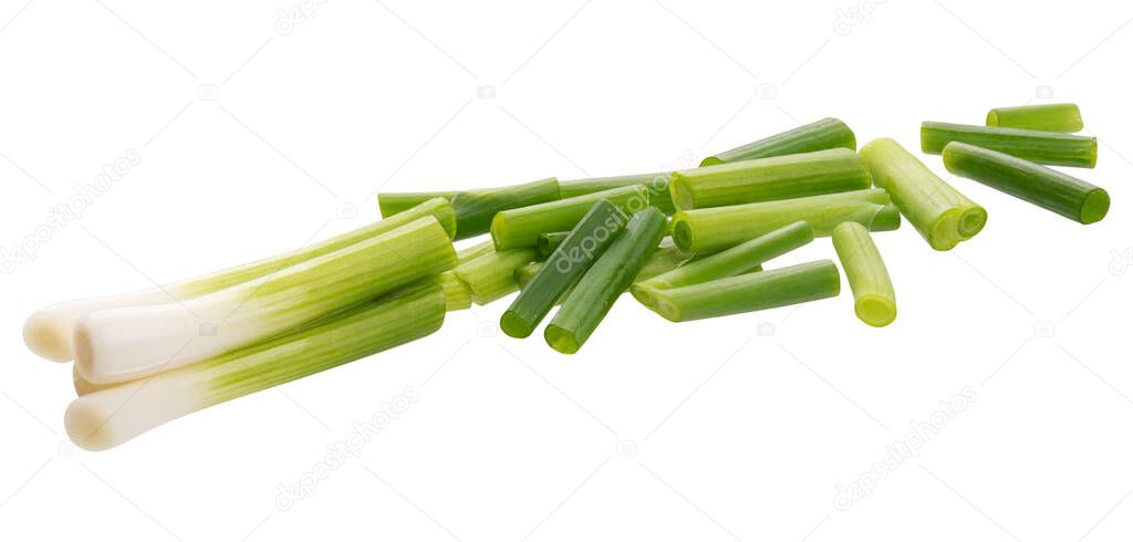 Chopped green onion isolated on white background, closeup