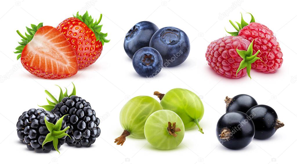 Forest berries isolated on white background: strawberry, blackberry, raspberry and currants