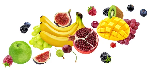 Vallende vruchten en bessen geïsoleerd op witte achtergrond — Stockfoto