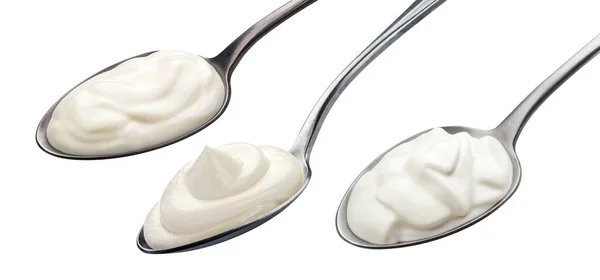 Yogur Cuchara Crema Agria Aislada Sobre Fondo Blanco Con Camino — Foto de Stock