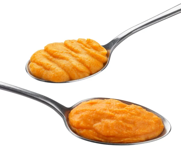 Pumpkin and carrot baby puree in spoon isolated on white background with clipping path — Stock Image Pumpkin Carrot Baby Puree Spoon Isolated White Background Clipping Path Royalty Free Stock Photos