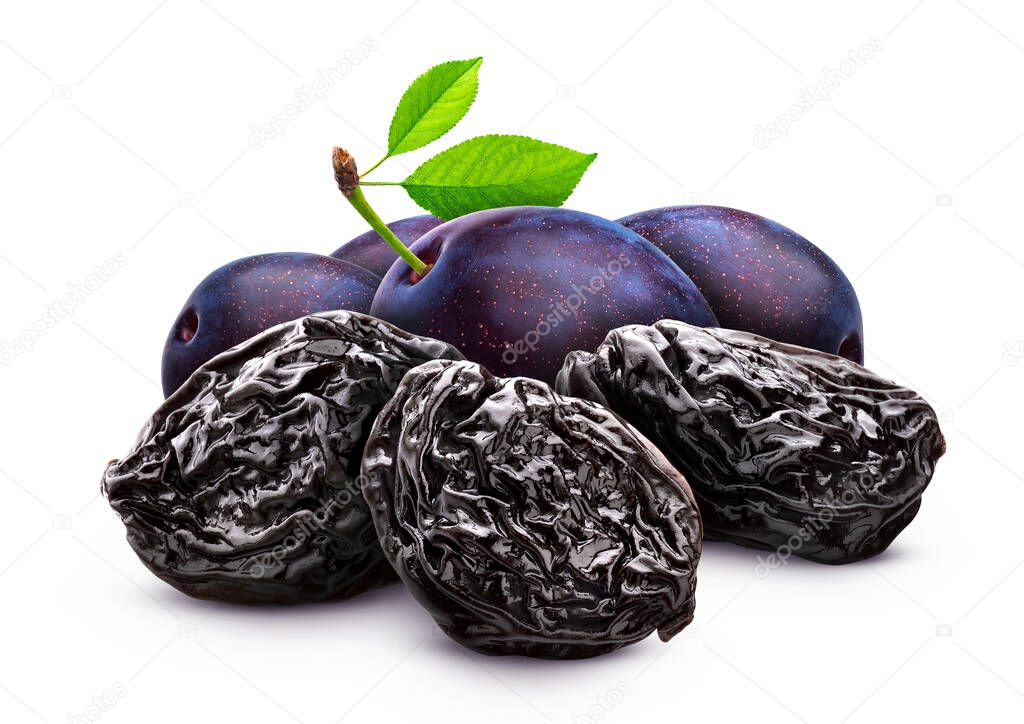 Prunes isolated on white background, heap of dried plums