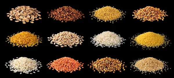 Montón Diferentes Cereales Granos Grañones Legumbres Frijoles Aislados Sobre Fondo — Foto de Stock