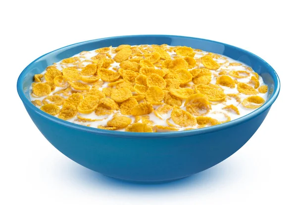 Cornflakes mit Milch, Schüssel mit Müsli-Frühstück isoliert auf weißem Hintergrund — Stockfoto