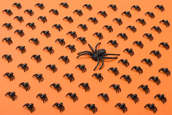 Halloween Hintergrund Schwarze Spinnen Auf Orangefarbenem Hintergrund — Stockfoto