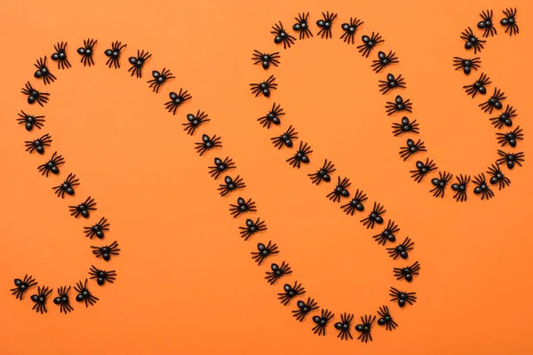 Halloween Hintergrund Schwarze Spinnen Auf Orangefarbenem Hintergrund — Stockfoto