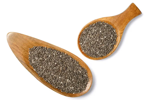 Beyaz arka plan üzerinde izole ahşap plaka Chia tohum görünümü top