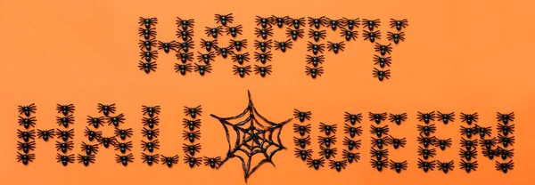 Happy Halloween Background Black Spiders Orange Background — Stock Photo, Image