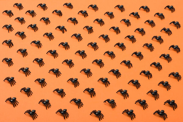 Halloween background, black spiders on the orange background