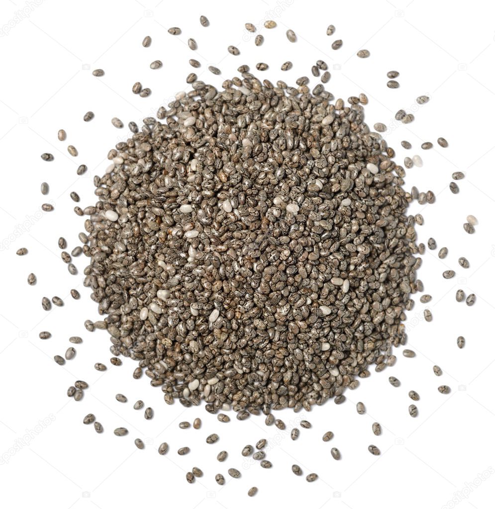 raw chia seeds isolated on the white background, top view