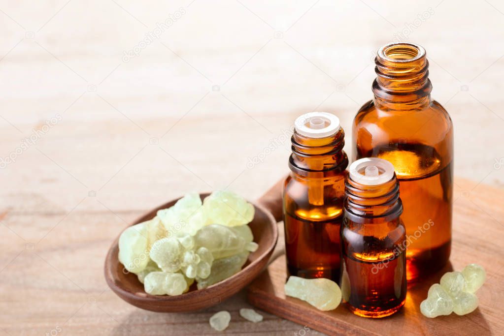 Frankincense essential oil in the amber bottle