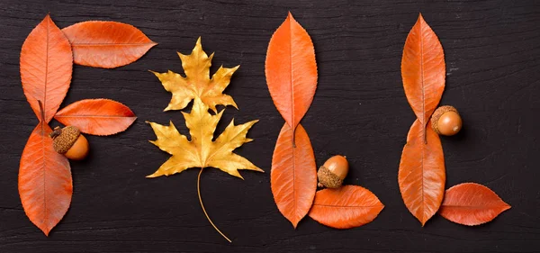 Tomber Feuilles Rouges Sur Planche Bois Noir — Photo