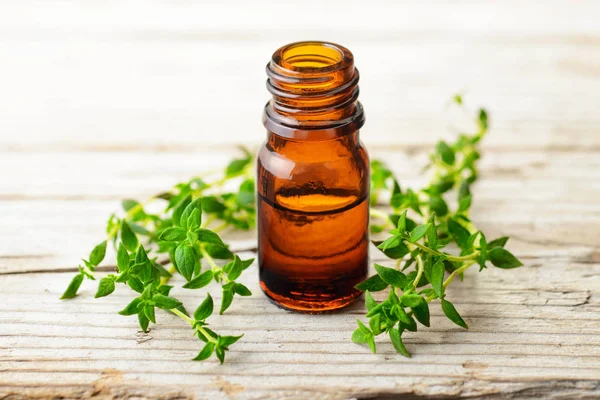 Thyme Essential Oil Fresh Thyme Wooden Board — Stock Photo, Image