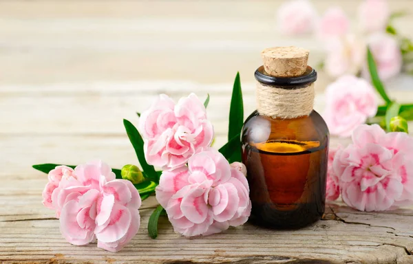 Carnation Absolute Etherische Olie Roze Bloemen Het Houten Bord — Stockfoto
