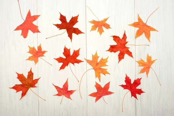 Autumn Background Fall Leaves Wooden Board Top View — Stock Photo, Image