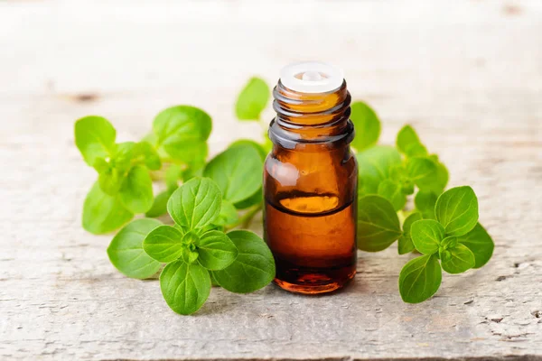 Aceite Esencial Orégano Hojas Frescas Orégano Mesa Madera — Foto de Stock