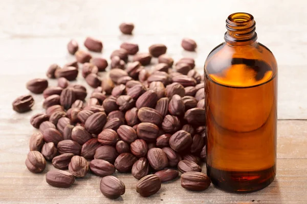 Aceite Jojoba Semillas Sobre Mesa — Foto de Stock