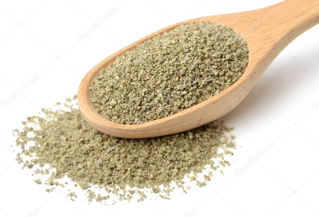 dried sage powder isolated on white background