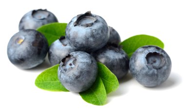 yeşil yaprakları üzerinde beyaz izole ile taze yaban mersini