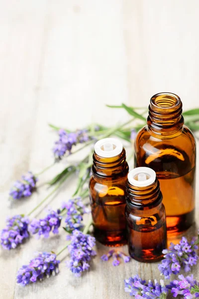 Lavendel Etherische Olie Amber Fles Met Verse Lavendel Bloemknoppen — Stockfoto