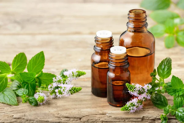 Pepermunt Etherische Olie Pepermunt Bloemen Houten Tafel — Stockfoto