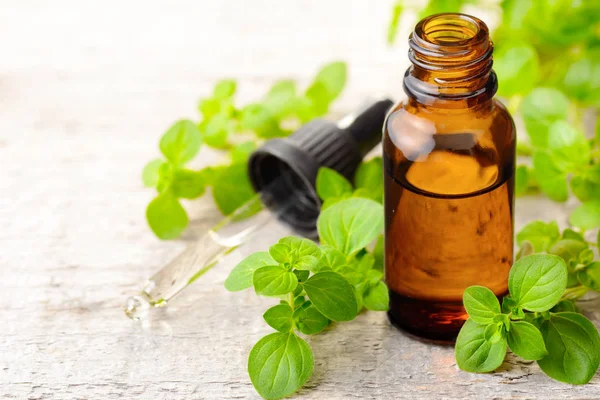 Oregano essential oil and fresh oregano on the wooden table