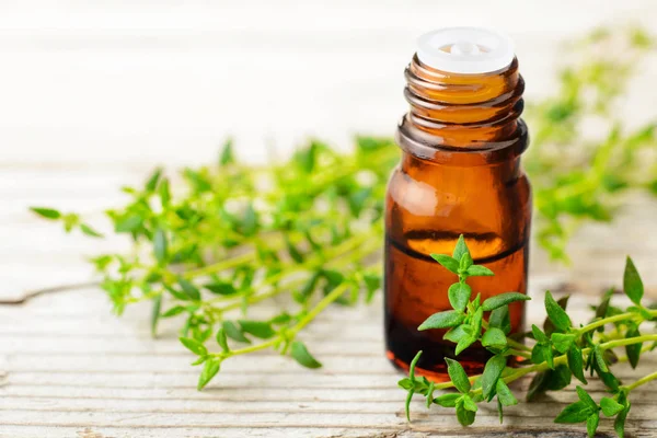 Thyme Essential Oil Fresh Thyme Wooden Board — Stock Photo, Image