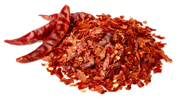 Fiocchi Peperoncino Rosso Essiccati Isolati Sfondo Bianco — Foto Stock