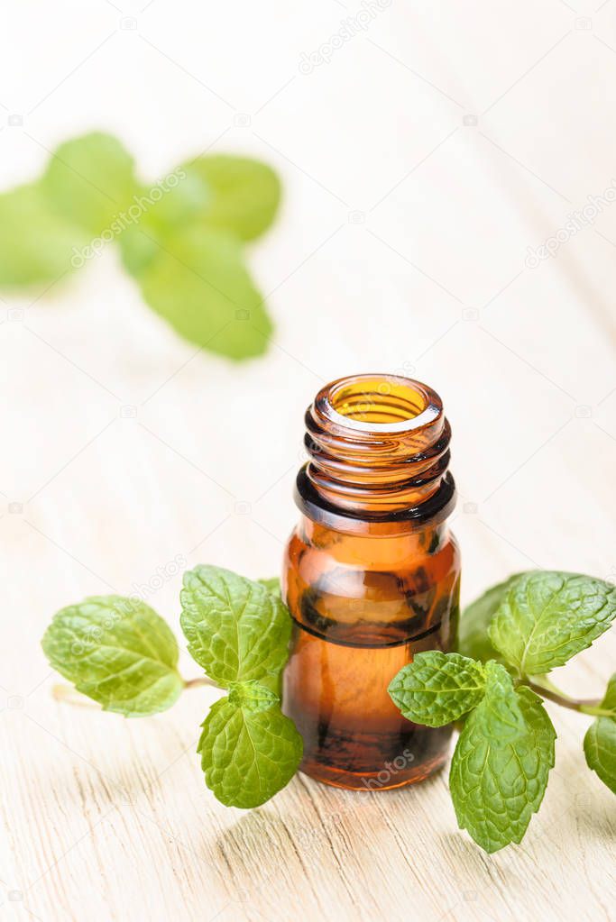 fresh mint essential oil on wooden board