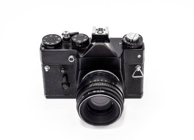 Vintage film kamera, beyaz bir arka plan üzerinde üstten görünüm yakın çekim