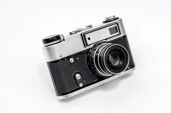 Vintage Filmkamera Nahaufnahme Auf Weißem Hintergrund Seitenansicht — Stockfoto