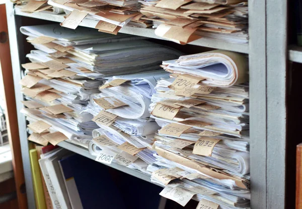 Old Documents Drawings Numbers Stacked Shelves Office — Stock Photo, Image