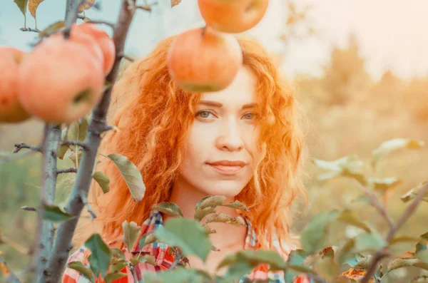 Portrait de fille aux cheveux roux dans le jardin pour les feuilles et les fruits — Photo