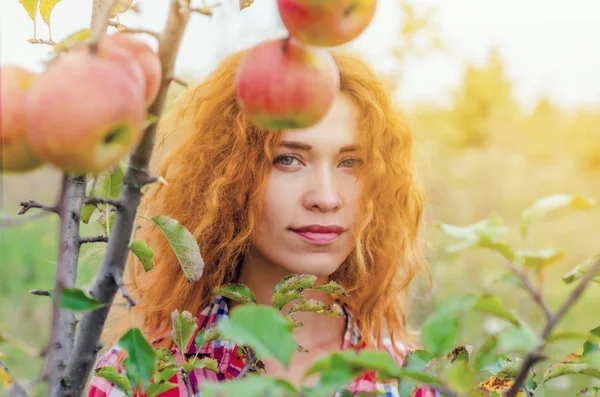 Egy fiatal nő, egy elhagyott benőtt Apple őszi portréja — Stock Fotó