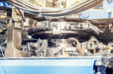 Örgü çorap yapmak için makine. Konu, parçalar, giyim üretimi.