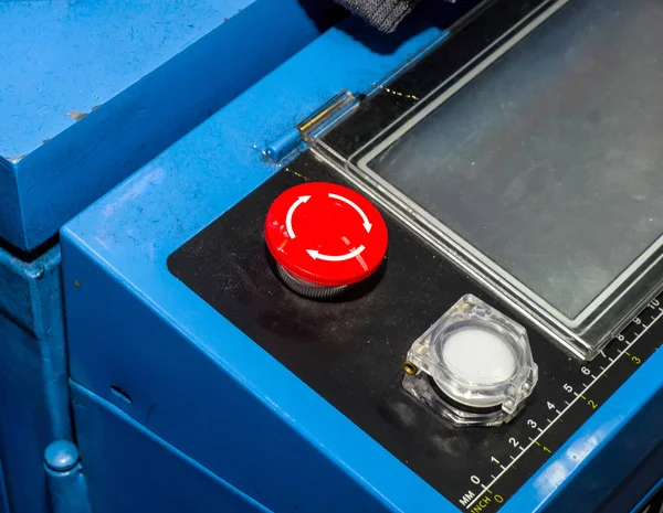 Red Stop Buttons Production Machine — Stock Photo, Image