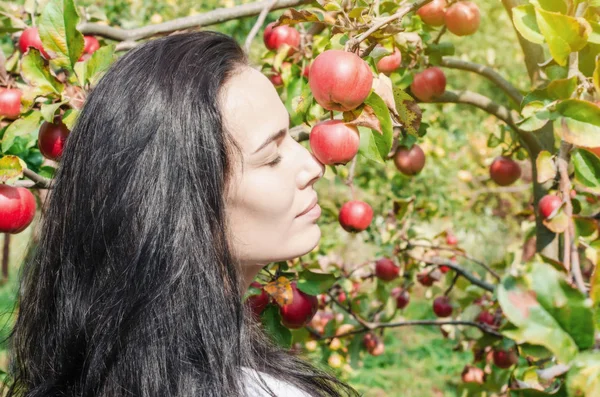 Beautiful brunette girl, portrait on  background of apple tree branches with large red apples. Summer mood. Picking apples. Good harvest. Eva Style