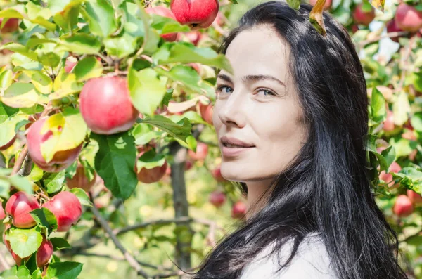 Beautiful brunette girl, portrait on  background of apple tree branches with large red apples. Summer mood. Picking apples. Good harvest. Eva Style