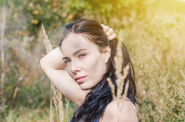 Attractive brunette among dry grass on the meadow. Holds hair from behind with hand. Summer mood. Travel and adventure, hikes.