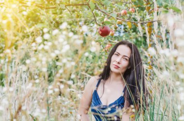 kadın bir ışık yaz elbise kırmızı elma bir dalda arıyorum elma bahçesi içinde kuru ot oturuyor. Baştan çıkarma, cinsellik. Kadın sağlığı. Üreme. Çocukların Doğum.