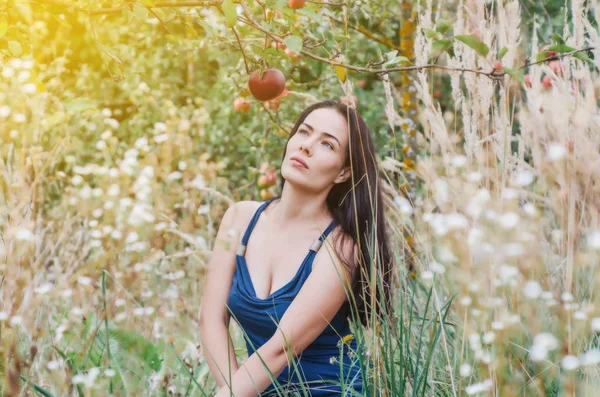 woman in a light summer dress is sitting in the dry grass in the apple orchard looking at a red apple on a branch. Seduction, sexuality. Women Health. Reproduction. Birth of children.
