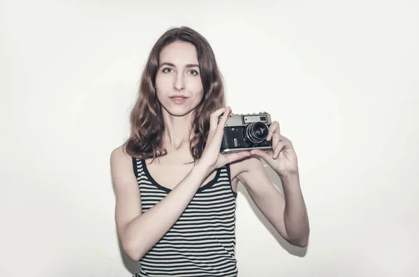 Nice Girl Striped Shirt Vintage Camera Her Hands Photographing People — Stock Photo, Image