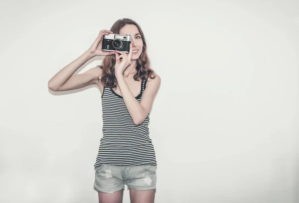 Nice Girl Striped Shirt Vintage Camera Her Hands Photographing People — Stock Photo, Image