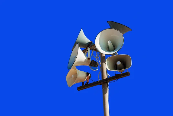 Set Street Loudspeakers Pole Background Blue Sky — Stock Photo, Image