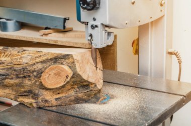 Şerit testere, makine kurullarında günlük keser. Ağaç, ağaç ürünleri, iş, istihdam