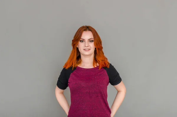 Portrait Beautiful Woman Red Hair Shirt Posing Dark Gray Background — Stock Photo, Image